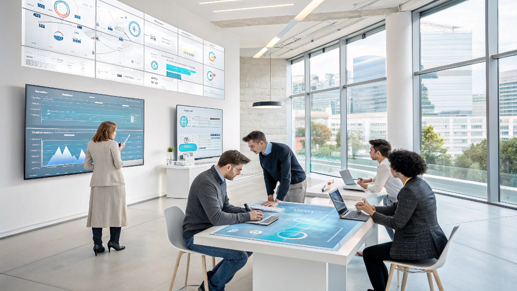 Professionals using smart technology and data dashboards in a modern workspace powered by Uvlack.