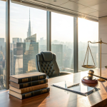 Modern New York City law office with gavel, scales of justice, and skyline view, symbolizing Justin Billingsley Greene Law’s 40 years of excellence.