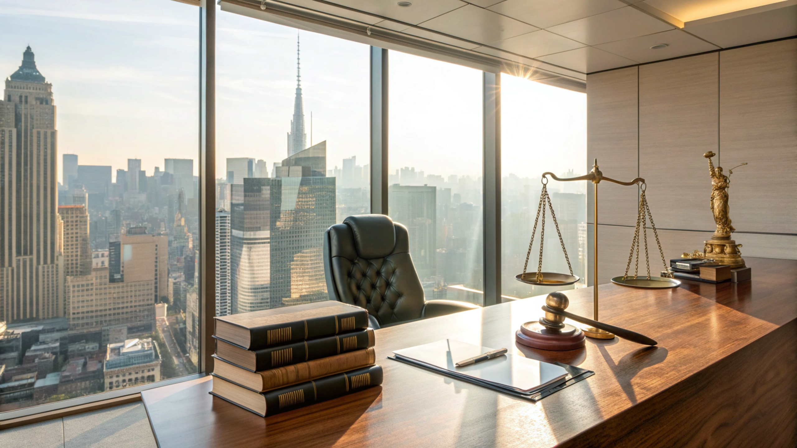 Modern New York City law office with gavel, scales of justice, and skyline view, symbolizing Justin Billingsley Greene Law’s 40 years of excellence.