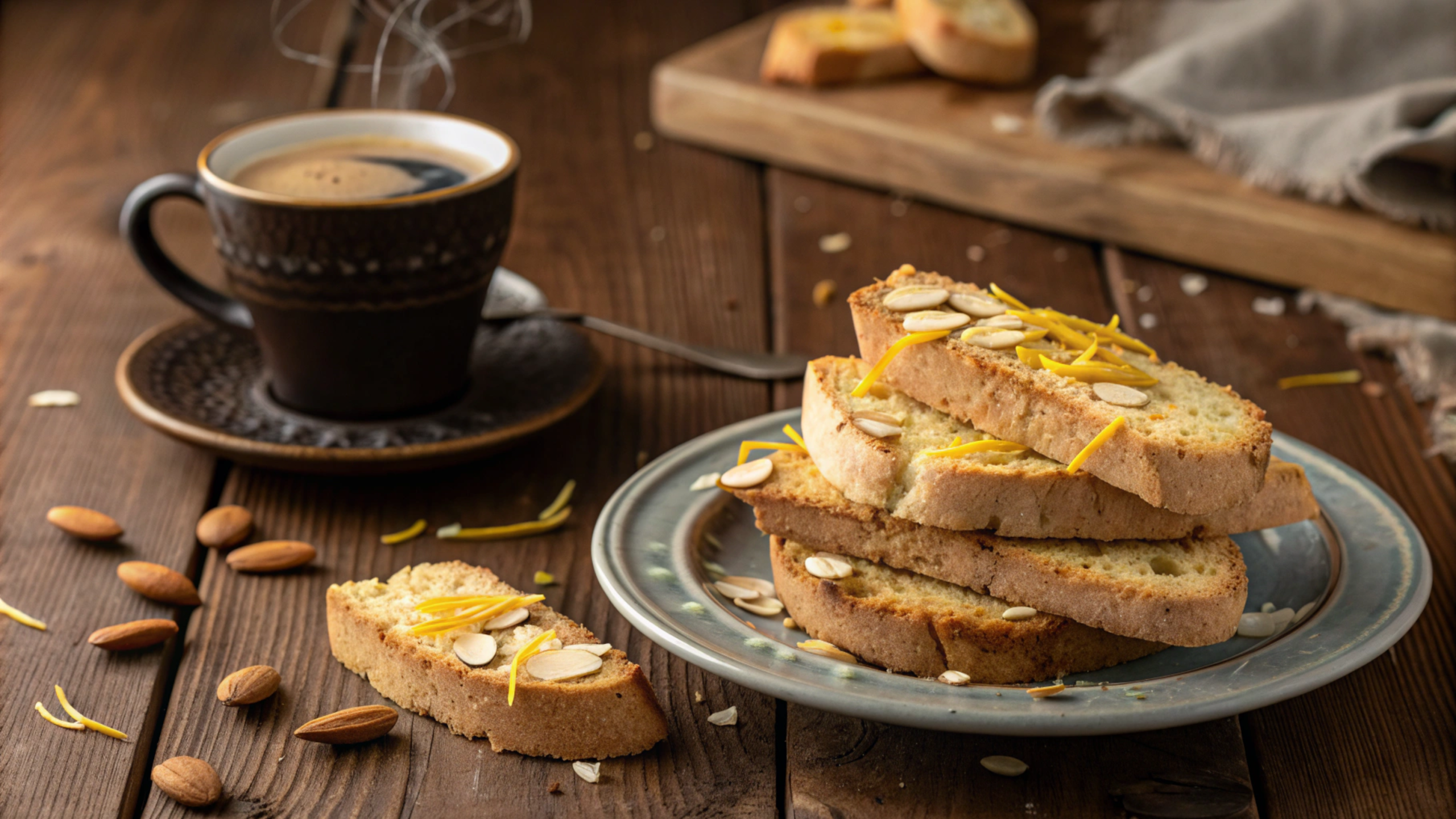 Traditional Biscotti di Prato cookies served with espresso and Vin Santo wine.