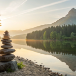Balanced stones by a calm lake with sunrise, symbolizing harmony and mindfulness in Giniä philosophy.