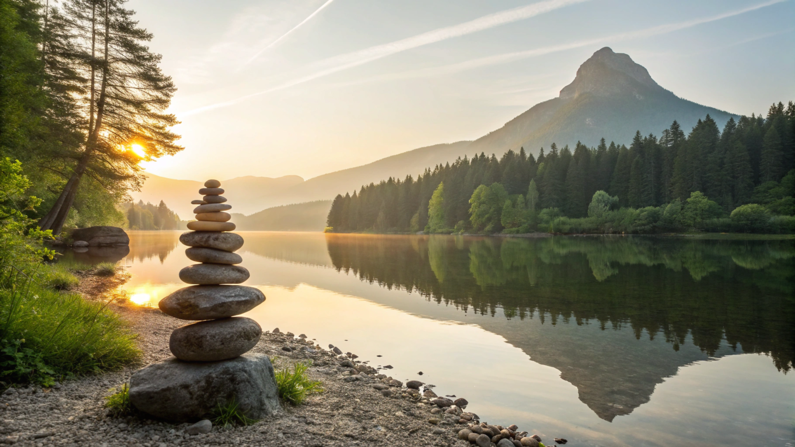 Balanced stones by a calm lake with sunrise, symbolizing harmony and mindfulness in Giniä philosophy.
