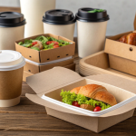 Eco-friendly Pappedeckel food packaging made from biodegradable cardboard, including coffee cup lids and takeaway containers.