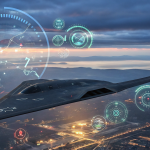 Next-generation stealth bomber tech with advanced AI, radar evasion, and digital targeting systems in flight.