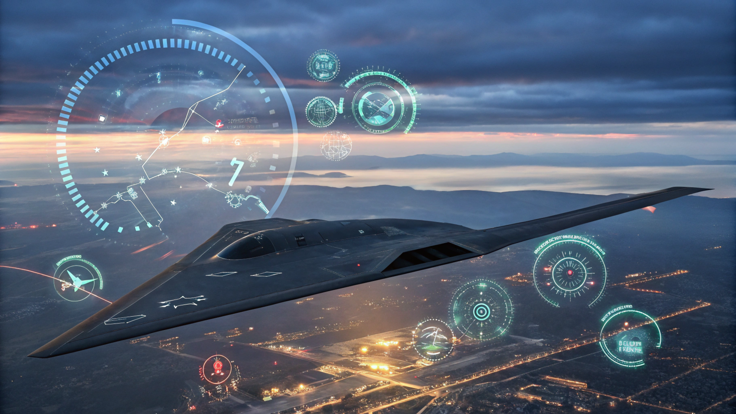 Next-generation stealth bomber tech with advanced AI, radar evasion, and digital targeting systems in flight.