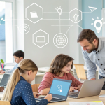 Students collaborating with laptops and tablets in a modern classroom, guided by a mentor, symbolizing Nova Scola innovative education model.