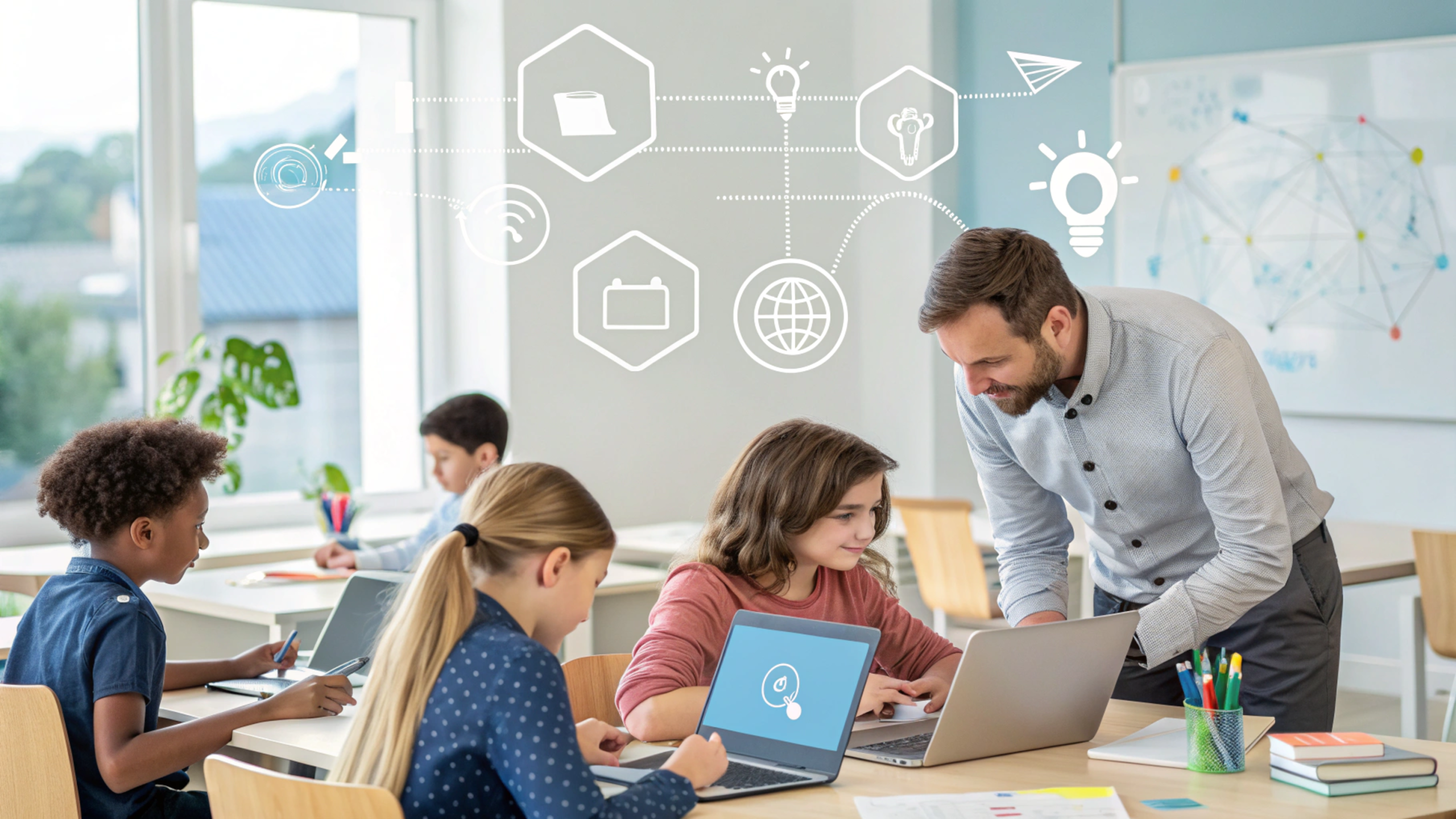 Students collaborating with laptops and tablets in a modern classroom, guided by a mentor, symbolizing Nova Scola innovative education model.