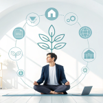 A young professional surrounded by icons of growth, wellness, technology, and community, representing the concept of Milyom.