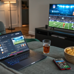 Sports fan Streameast NFL, basketball, and soccer on laptop, smartphone, and TV at home with HD quality.