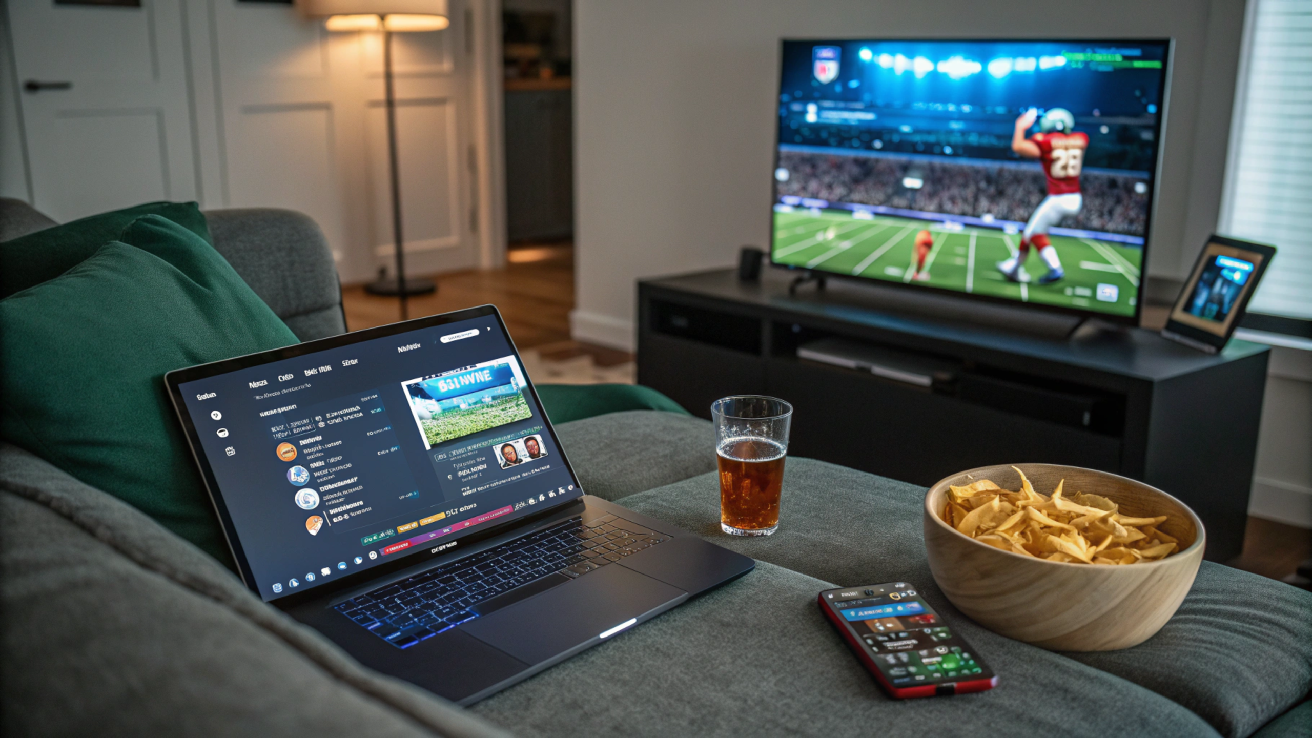 Sports fan Streameast NFL, basketball, and soccer on laptop, smartphone, and TV at home with HD quality.