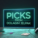 Futuristic digital screen showing Picks from Dolagim Jelpak with gaming, music, and art elements in a creative setup.