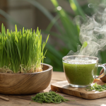 Fresh lyposingrass herb with detox tea and green juice on a wooden table, symbolizing natural wellness and health benefits.