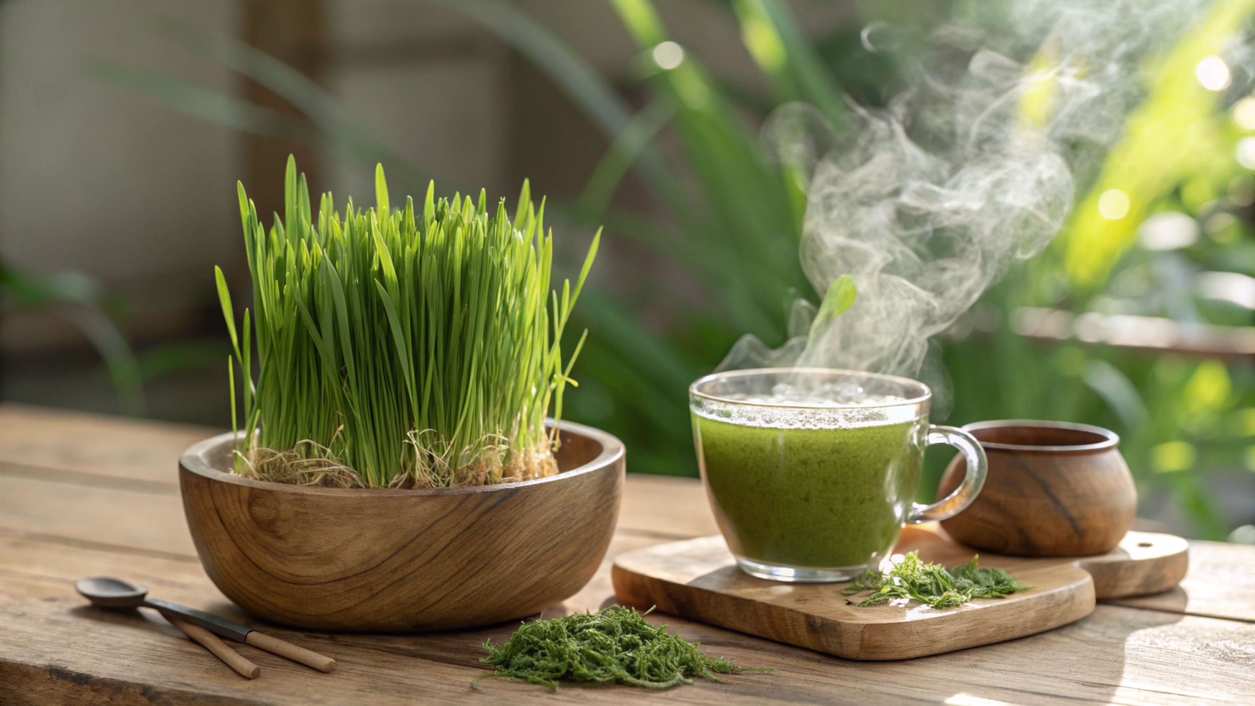 Fresh lyposingrass herb with detox tea and green juice on a wooden table, symbolizing natural wellness and health benefits.