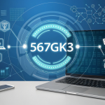 567GK3 digital code displayed on a futuristic screen with icons for software, products, and discounts.
