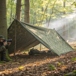 Camouflage tarpaulin (tarnplanen) set up in a forest, blending with natural surroundings to conceal gear and provide shelter.