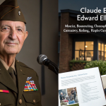 Portrait of Claude Edward Elkins Jr with symbols of military service, music, entrepreneurship, and community impact.