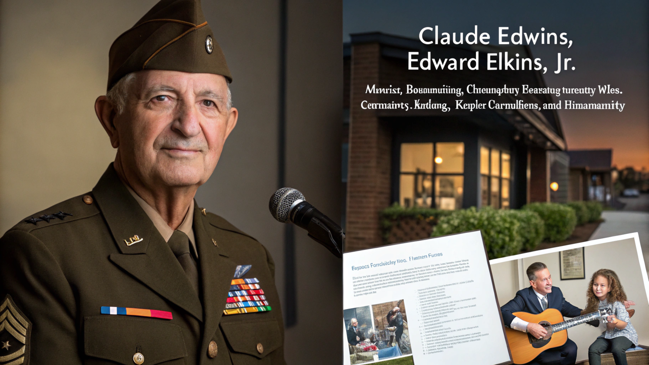 Portrait of Claude Edward Elkins Jr with symbols of military service, music, entrepreneurship, and community impact.