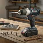 YWMLFZ 48W cordless power tool on a wooden workbench with drill bits and screws, highlighting portability and precision.