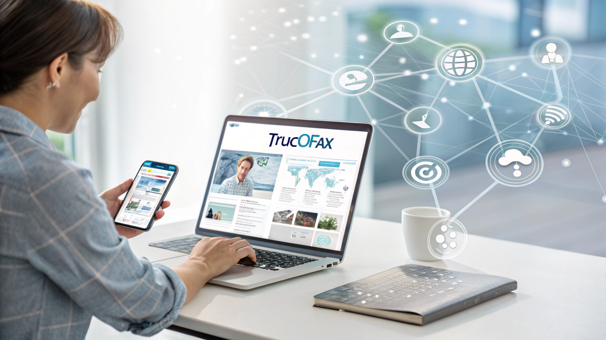 User browsing Trucofax news feed on laptop and smartphone with real-time updates.