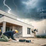Stormuring concept showing construction with waterproof mortar, storm clouds in the sky, and business strategy teamwork symbolizing resilience and innovation.
