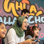 Diverse young gamers cheering with headsets and controllers, with the phrase “Yalla Choy” in colorful graffiti-style text symbolizing energy and online culture.