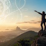 Person standing on a mountaintop at sunrise with open arms, symbolizing balance, harmony, and resilience inspired by Tsunaihaiya.