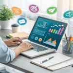 A realistic digital workspace showing a person using IncrediTools on a laptop with colorful tool icons floating around, symbolizing creativity and productivity.