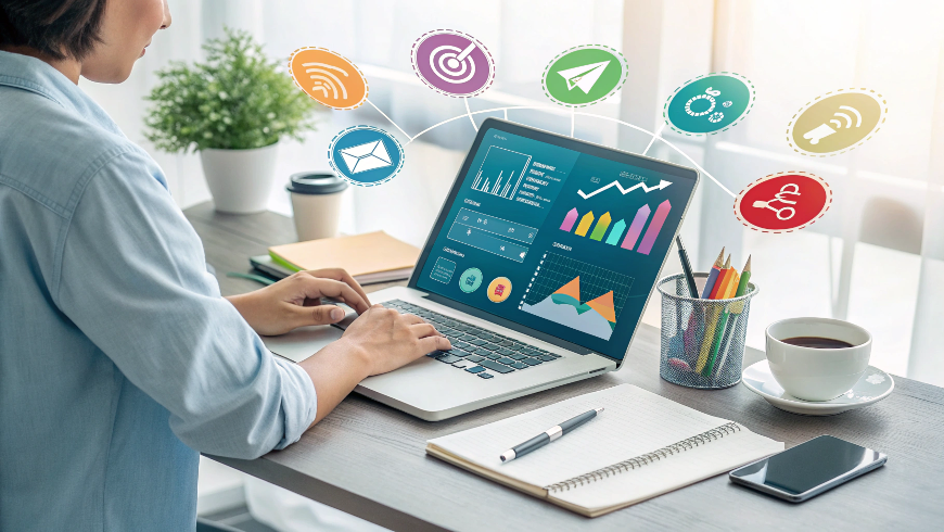 A realistic digital workspace showing a person using IncrediTools on a laptop with colorful tool icons floating around, symbolizing creativity and productivity.