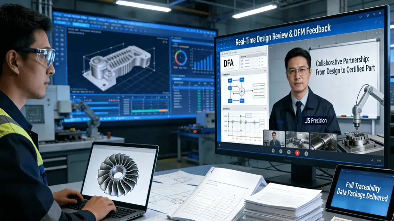 A technical expert from a precision machining supplier and a client engineer collaboratively review a complex part design on a live video call, with DFM reports, process planning documents, and quality certifications visible, illustrating the end-to-end partnership in 5-axis CNC machining projects.