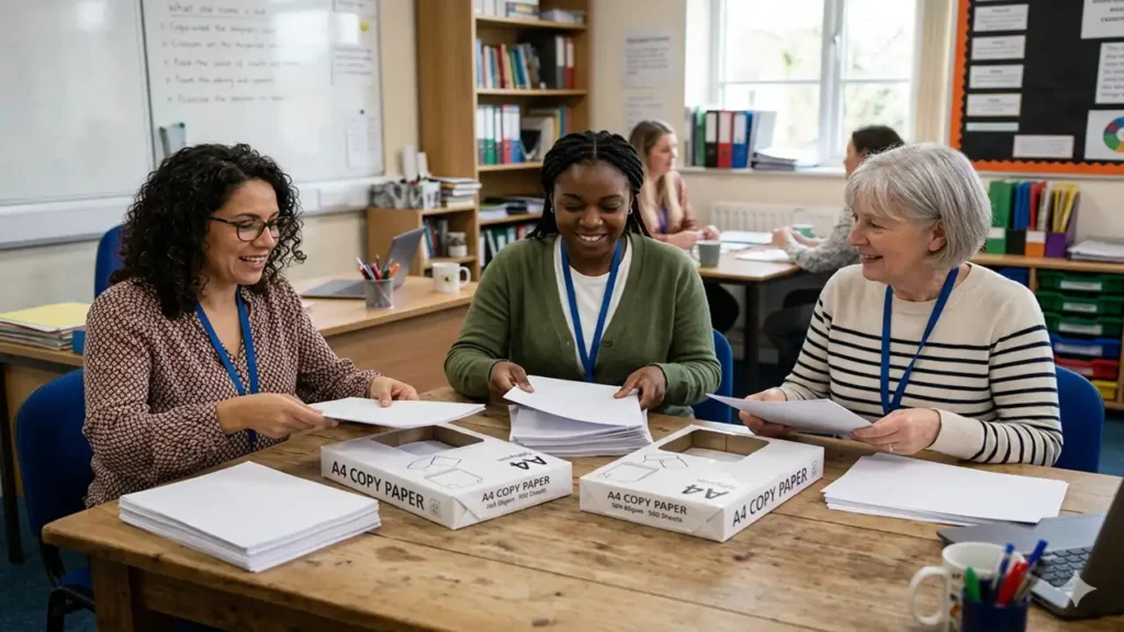 three teachers share 2 packs of paper equally